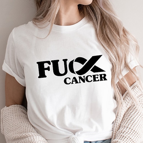 

Damen T Shirt Weiß Buchstabe Bedruckt Kurzarm Täglich Wochenende Basic Rundhalsausschnitt Standard Fuck Cancer Farbe S