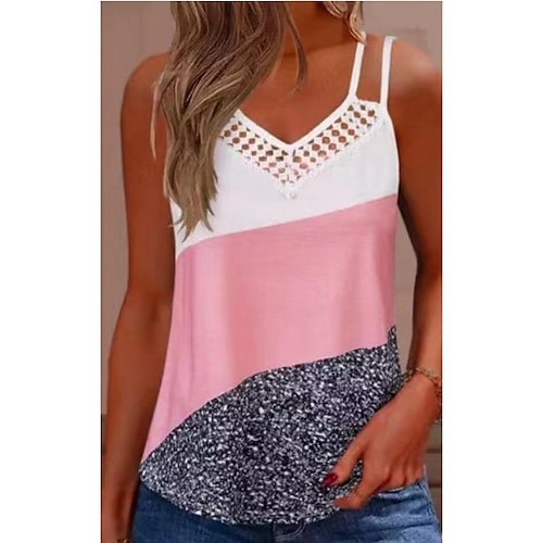 

Women's Tank Top Camisole Pink Color Block Cut Out Print Sleeveless Casual Basic V Neck Regular S