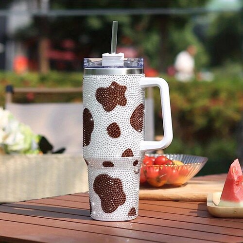 1pc Cow Print Studded Tumbler With Lid And Straw, 40oz Stainless Steel  Thermal Water Bottle With Handle, Shiny Stanley Cups, Portable Drinking  Cups, F