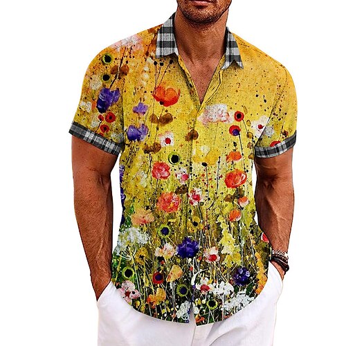 

Men's Shirt Linen Shirt Floral Graphic Prints Turndown Yellow Blue Outdoor Street Short Sleeves Print Clothing Apparel Linen Fashion Designer Casual Soft