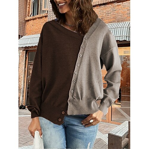 

Mulheres Sueter Cardigan Saltador Estriado Tricotar Botão Bloco de cor Decote V à moda Casual Ao ar livre Diário Verão Outono Azul Marinha Café S M L