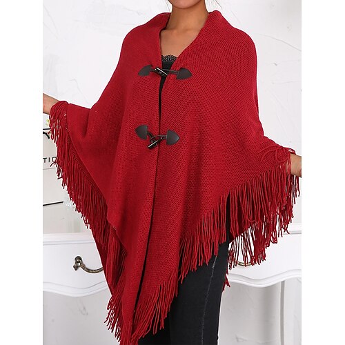 

Women's Poncho Sweater Jumper Ribbed Knit Tassel Solid Color V Neck Stylish Casual Daily Going out Summer Fall Black White One-Size