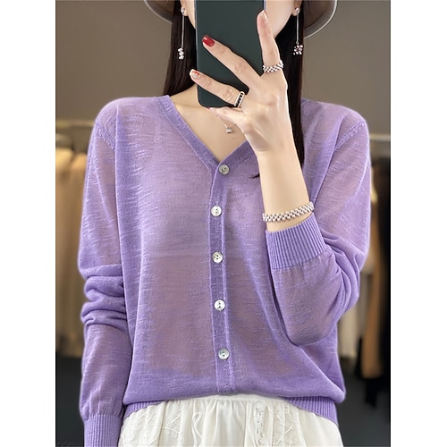 

Women's Cardigan Sweater Jumper Ribbed Knit Button Thin Solid Color V Neck Stylish Casual Daily Going out Summer Fall Black White M L XL