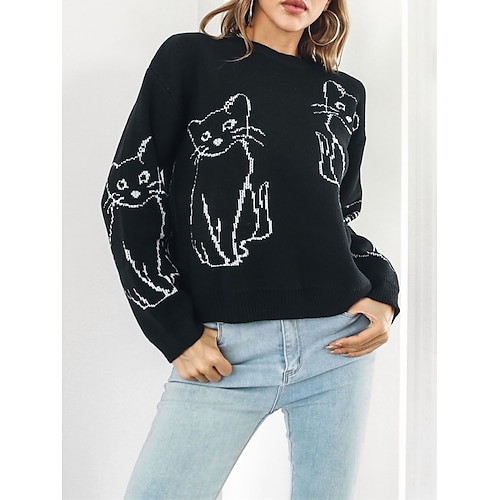 

Mulheres Pulôver suéter Saltador Estriado Tricotar Superdimensionado Animal Gola Redonda à moda Casual Ao ar livre Diário Verão Outono Preto Branco S M L