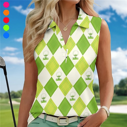 

Mulheres Camisa polo de caminhada Camisa de golfe Respirável Secagem Rápida Pavio Humido Sem Manga Vestuário de golfe Roupas de golfe Normal Em V Geométrica Xadrez Verão Tênis Golfe Pickleball