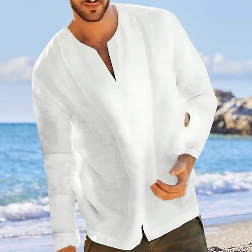 Ανδρικά Πουκάμισο λινό πουκάμισο Καλοκαιρινό πουκάμισο Πουκάμισο παραλίας Μπλε Απαλό Μαύρο Λευκό Μακρυμάνικο Συμπαγές Χρώμα Γιακάς Καλοκαίρι Άνοιξη Δρόμος Χαβανέζα Ρούχα