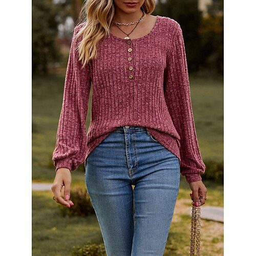 

Mujer Suéter de punto Puente Estriado Tejer Botón Color sólido Cuello Barco Elegante Casual Exterior Diario Otoño Invierno Rojo marrón Negro S M L