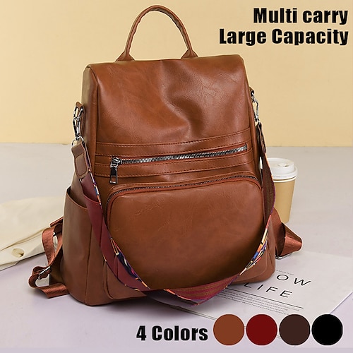 

Women's Backpack School Bag Bookbag Commuter Backpack School Daily Solid Color PU Leather Large Capacity Waterproof Lightweight Zipper Coffee color Black Red