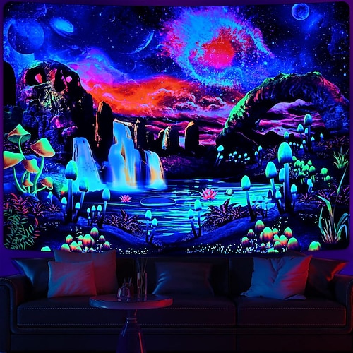 

Galaxy cascada luz negra tapiz uv reactivo trippy montaña brumoso hongo naturaleza paisaje colgante tapiz pared arte mural para sala de estar dormitorio