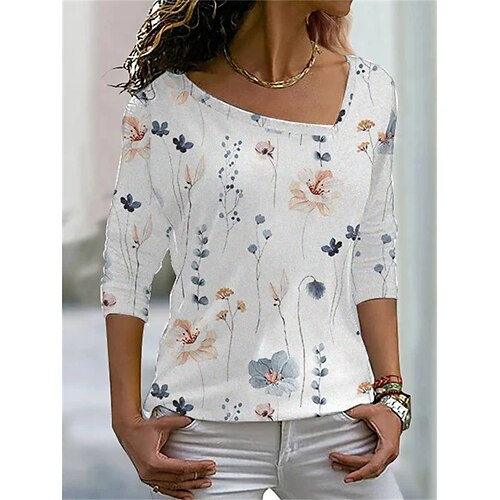 

T shirt Tee Femme Blanche Floral Imprimer manche longue Vacances Fin de semaine basique Col V Normal Standard Fleur Peinture S