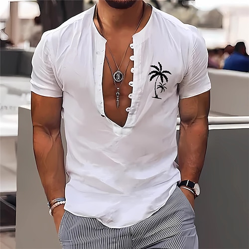 

Men's Shirt Linen Shirt Coconut Tree Graphic Prints Collarless Black White Light Green Pink Blue Outdoor Street Short Sleeve Print Clothing Apparel Linen Fashion Streetwear Designer Casual