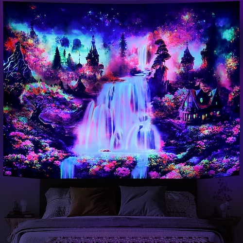 

bosque fantasía cascada luz negra tapiz uv reactivo trippy montaña brumoso hongo naturaleza paisaje colgante tapiz pared arte mural para sala de estar dormitorio