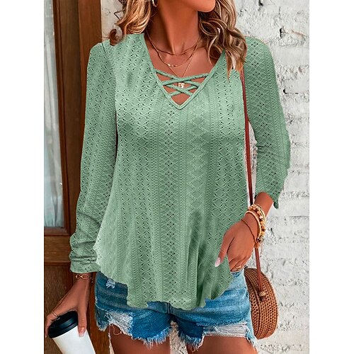 

T shirt Tee Femme Noir Blanche Rose Claire Plein manche longue du quotidien Fin de semaine basique Col V Normal Standard S
