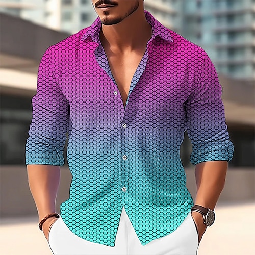 

Homens Camisa Social camisa de linho Gradiente Estampas Abstratas Aberto para a Lateral Vermelho Azul Roxo Ao ar livre Rua Manga Longa Imprimir Roupa Linho Moda Roupa de rua Designer Casual