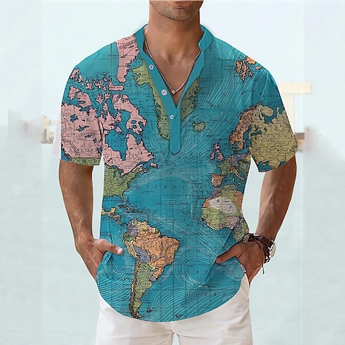 

Men's Shirt Linen Shirt Map Graphic Prints Stand Collar Royal Blue Blue Purple Green Gray Outdoor Street Long Sleeve Print Clothing Apparel Linen Fashion Streetwear Designer Casual