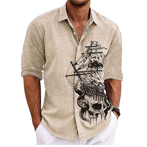 

Hombre Camisa camisa de lino Cráneos Estampados Cosecha Velero Cuello Vuelto Rosa Azul Piscina Verde Trébol Caqui Gris Exterior Calle Manga Larga Estampado Ropa Lino Moda Ropa de calle Design Casual