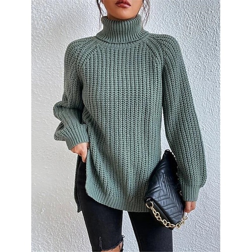 

Pull Maille Femme A côtes Tricoter énorme Couleur unie Col Roulé mode Décontractées du quotidien Sortie manche longue Eté Printemps Noir Blanche S M L