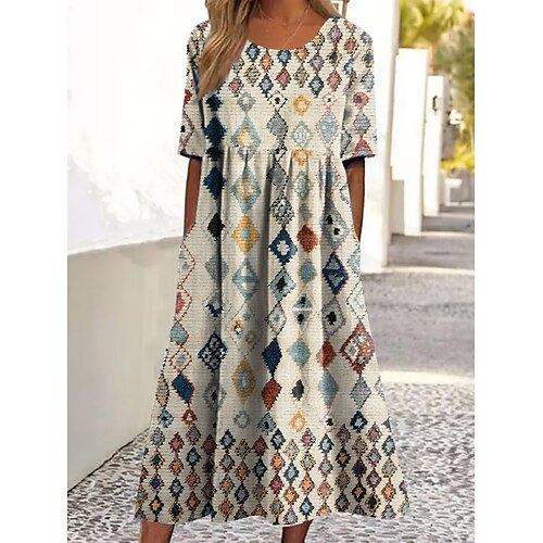 

Mulheres Vestido casual Vestido de verão Vestido estampado Geométrica Bolsos Imprimir Gola Redonda Vestido midi Moda Roupa de rua Ao ar livre Diário Manga Curta Ajuste Largo Branco Verão Primavera S