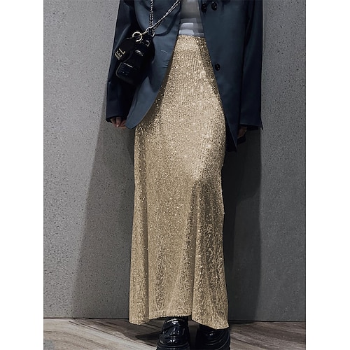 

Damen Rock Glitzernder Rock Langer Rock Maxi Polyester Silber Schwarz Dunkelgrün Fuchsie Röcke Sommer Pailletten Modisch Glanz Elegant Party Strasse S M L