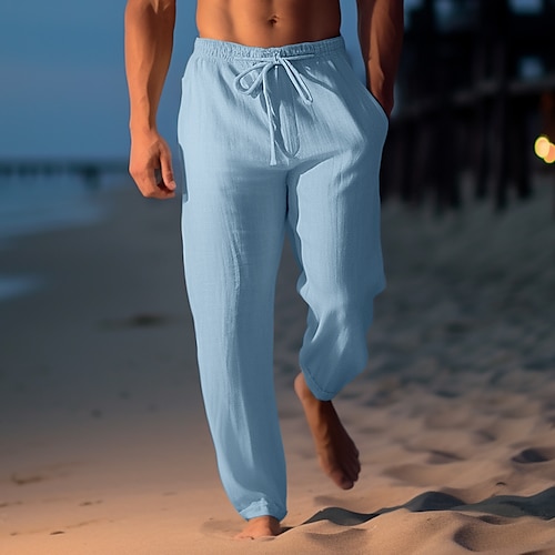 

Men's Linen Pants Trousers Summer Pants Beach Pants Drawstring Elastic Waist Straight Leg Plain Comfort Breathable Casual Daily Holiday Linen Cotton Blend Fashion Classic Style Light Khaki Black