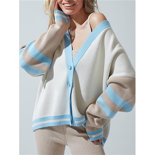 

Women's Cardigan Sweater Jumper Ribbed Knit Patchwork Button Striped V Neck Stylish Casual Outdoor Daily Summer Fall Blue Green S M L