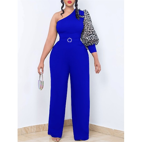 

mono de mujer patchwork leopardo un hombro elegante fiesta de bodas vacaciones en la calle ajuste regular manga 3/4 largo negro rojo azul real s m l verano otoño