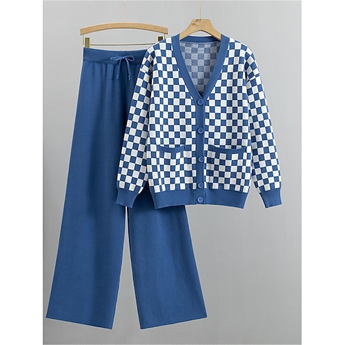 

Damen Pullover-Set Strickwaren Gerippt Stricken Taste Tasche Plaid V Ausschnitt Stilvoll Brautkleider schlicht Täglich Ausgehen Sommer Frühling Schwarz Blau Grün S