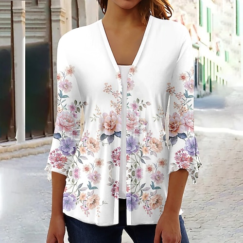 

Chemise Chemisier Femme Rose Claire Bleu Vert Floral Imprimer Manches 3/4 Casual Vacances basique Col V Normal Standard Fleur S