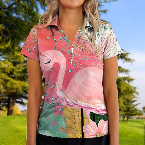 

Mulheres Camisa polo de caminhada Camisa de golfe Respirável Secagem Rápida Pavio Humido Manga Curta Vestuário de golfe Roupas de golfe Normal Em V Flamingo Verão Tênis Golfe Pickleball