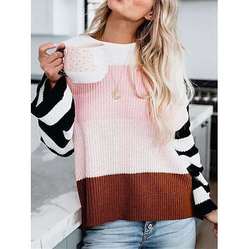 

Women's Pullover Sweater Jumper Jumper Ribbed Knit Oversized Color Block Crew Neck Stylish Casual Outdoor Daily Summer Fall Pink Blue S M L