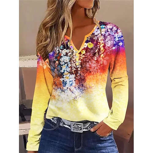 

Women's T shirt Tee Henley Shirt Floral Holiday Weekend White Yellow Red Button Print Long Sleeve Basic Neon & Bright V Neck Regular Fit Fall & Winter