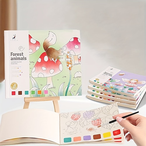 

Creative Watercolor Paint With Pigment Painting Book Watercolor Graffiti Sketchbook Cartoon Notepad Kid's Drawing Book Watercolor Paper Each Sheet With Unique Pattern, Student Gift