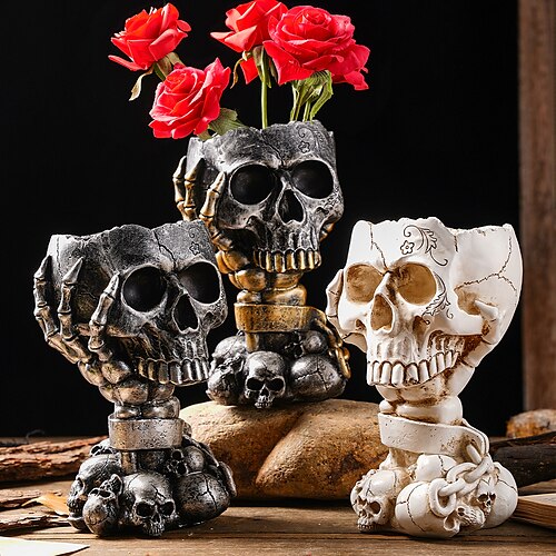 

cabeça de caveira de halloween vaso de flores decoração de casa moderna nórdica personalizada danificada velhas algemas cabeça de caveira artesanato de resina cabeça de fantasma de halloween osso