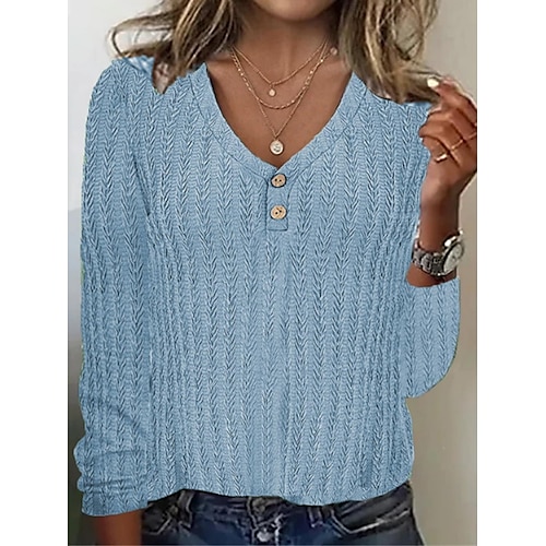 

Women's Pullover Sweater Jumper Jumper Ribbed Knit Button Solid Color V Neck Stylish Casual Outdoor Home Spring Fall Pink Blue S M L