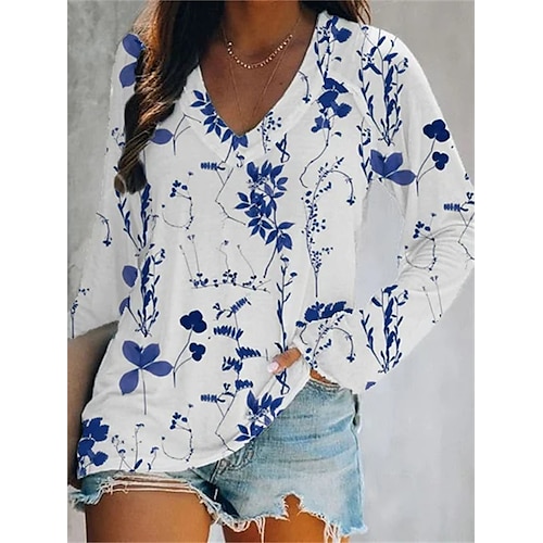 

Mulheres Camiseta Azul Floral Imprimir Manga Longa Feriado Final de semana Básico Decote V Padrão Tema Flores Pintura S