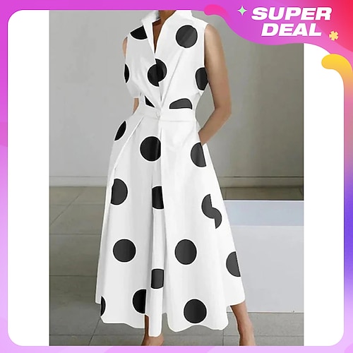 

Women's Shirt Dress Casual Dress Swing Dress Maxi long Dress Outdoor Office Daily Satin Fashion Modern Shirt Collar Button Pocket Sleeveless Summer Spring 2023 Regular Fit Black White Green Polka Dot