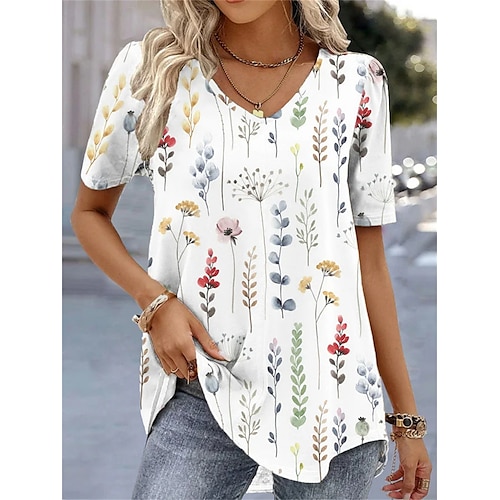 T shirt Tee Femme Blanche Bleu Vert Floral Imprimer Manche Courte Vacances Fin de semaine basique Col V Normal Standard Fleur Peinture S