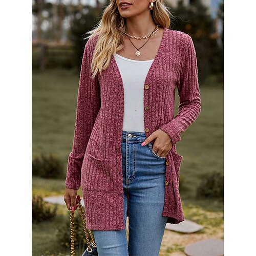 

Gilet Cardigan Maille Femme A côtes Tricoter Bouton Poche Couleur unie Col V mode Décontractées Extérieur du quotidien manche longue Automne Hiver Marron Rouge Noir S M L