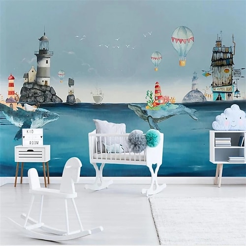 

Cartoon benutzerdefinierte 3D-Druck Tapete Wandbild nordische Aquarell Mittelmeer Ozean Wal Kinderzimmer Hintergrund Wand selbstklebende Wandverkleidung