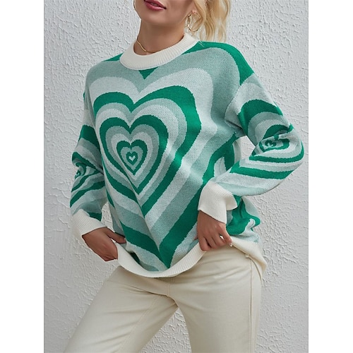 

Women's Pullover Sweater Jumper Jumper Ribbed Knit Print Heart Crew Neck Stylish Casual Daily Date Summer Fall Pink Green One-Size