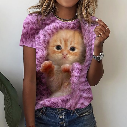 

Mulheres Camiseta Rosa Rosa cor de Rosa Gato 3D Imprimir Manga Curta Diário Final de semana Vintage Básico Engraçado Decote Redondo Padrão Gato 3D Pintura S