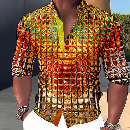 

Men's Shirt Linen Shirt Optical Illusion Graphic Prints Geometry Stand Collar Yellow Light Green Red Blue Green Outdoor Street Long Sleeve Print Clothing Apparel Linen Fashion Streetwear Designer