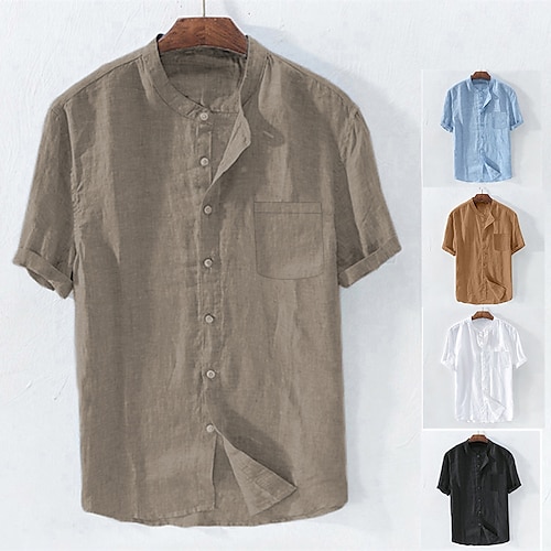 

Men's Linen Shirt Summer Shirt Beach Shirt Apricot Black White Short Sleeve Plain Standing Collar Summer Spring Outdoor Daily Clothing Apparel Button-Down