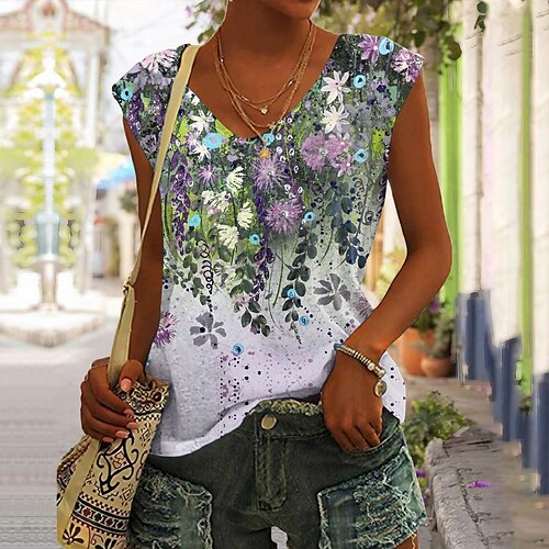 

Damen Tank Top Blau Purpur Grün Blumen Bedruckt Ärmellos Casual Festtage Basic V Ausschnitt Standard Blume S