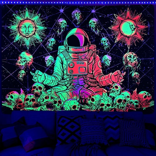 

Meditation Astronaut Blacklight Tapestry UV Reactive Misty Skull Nature Landscape Hanging Tapestry Wall Art Mural for Living Room Bedroom Sun and Moon