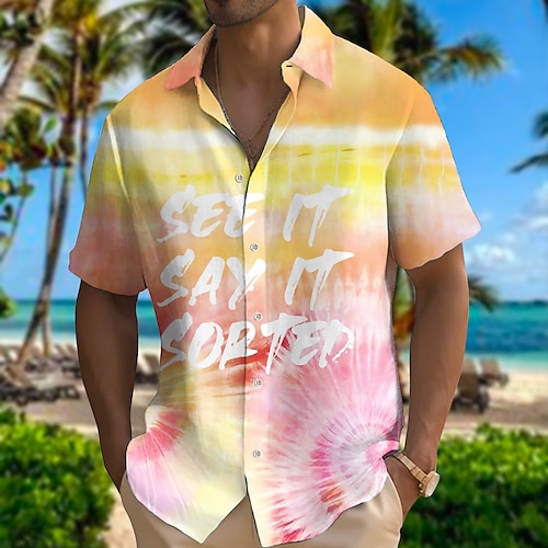 

Homens Camisa Social camisa de linho Letra Tintura Tie Dye Estampas Abstratas Aberto para a Lateral Amarelo Claro Branco Amarelo Rosa Laranja Ao ar livre Rua Manga Curta Imprimir Roupa Linho Moda