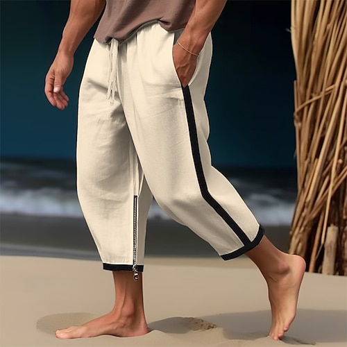 

Homme Pantalon en lin pantalon été Pantalon de plage Patchwork Zippé Cordon Bloc de couleur Confort Respirable Casual du quotidien Vacances Mélange de Lin Coton Mode Style classique Blanche Bleu