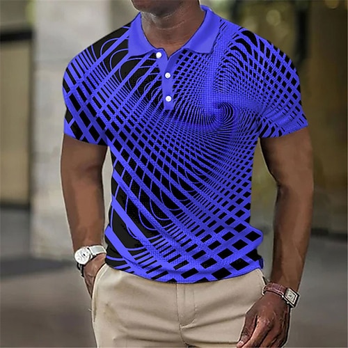  Herr Geometrisk Våffelpikétröjor Golftröja Kortärmad Polotröjor Skjortor med krage Business Casual Semesterkläder Högtidskläder Festivalkläder Knappar 3D-utskrift Vit Gul Marinblå