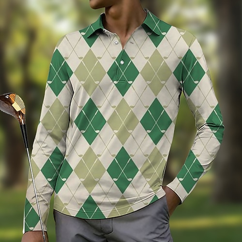 

Homens Camisa polo de caminhada Camisa de golfe Pólo de botões Respirável Secagem Rápida Pavio Humido Manga Longa Vestuário de golfe Roupas de golfe Normal Xadrez Primavera Outono Tênis Golfe