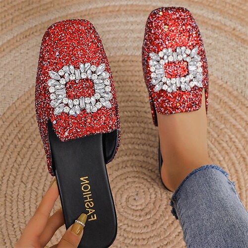 

Damen Hausschuhe Slippers Mules Übergrössen Hausschuhe im Freien Outdoor Strand Sommer Strass Niedriger Absatz Quadratischer Zeh Elegant Brautkleider schlicht PU Halbschuhe Rote